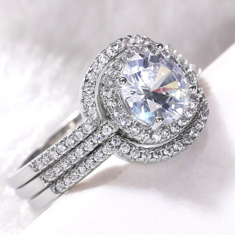 3pcs/set Engagement Square Zircon Silver Classic Romantic Ring Set, L121 - Picture 3 of 4
